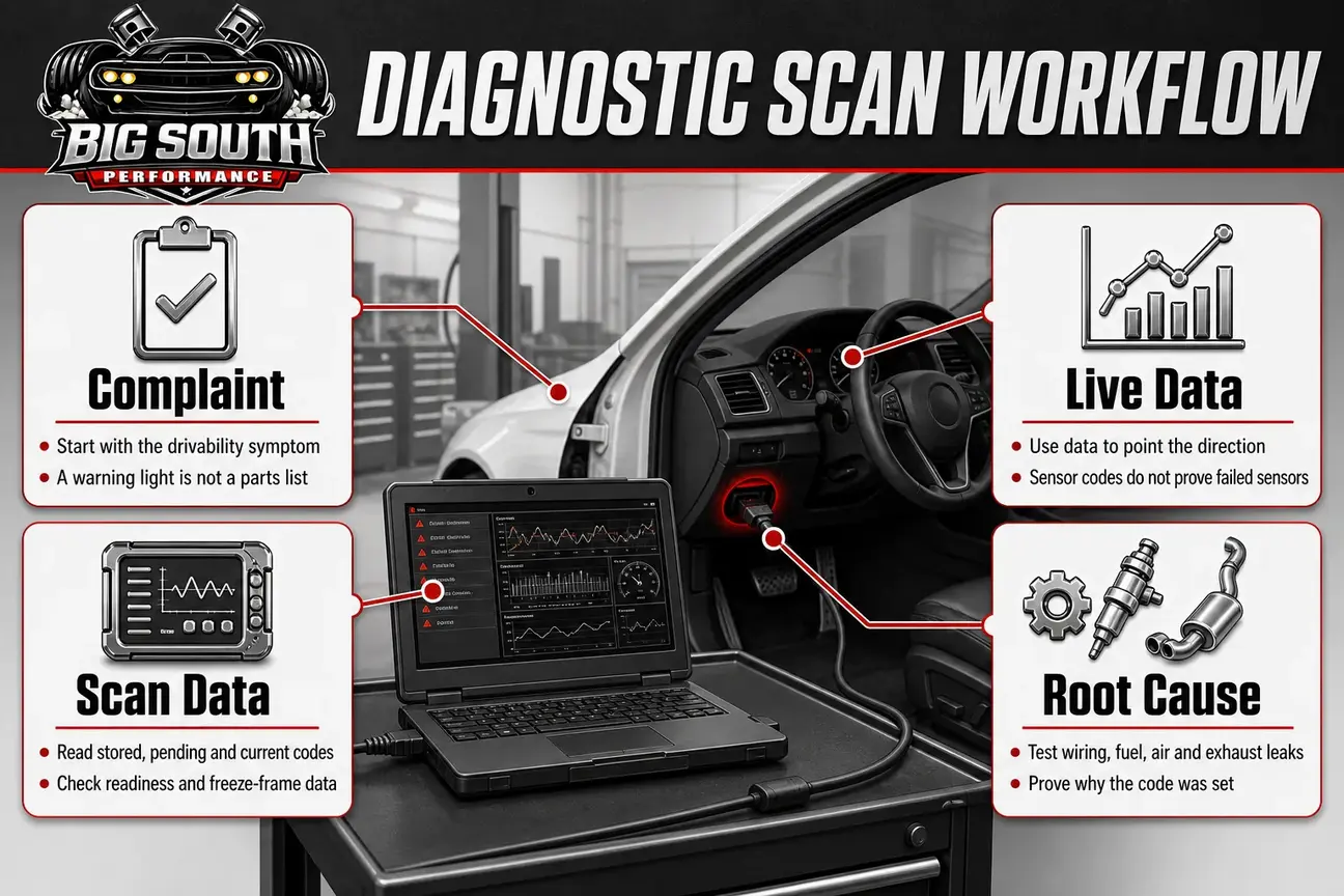 Infographic showing diagnostic workflow from symptom to code data to root cause testing.