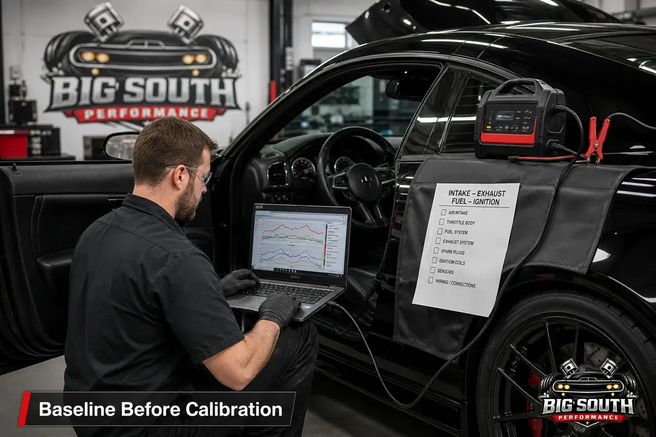 Technician compares live data before ECU tuning with a laptop connected to the OBD port.