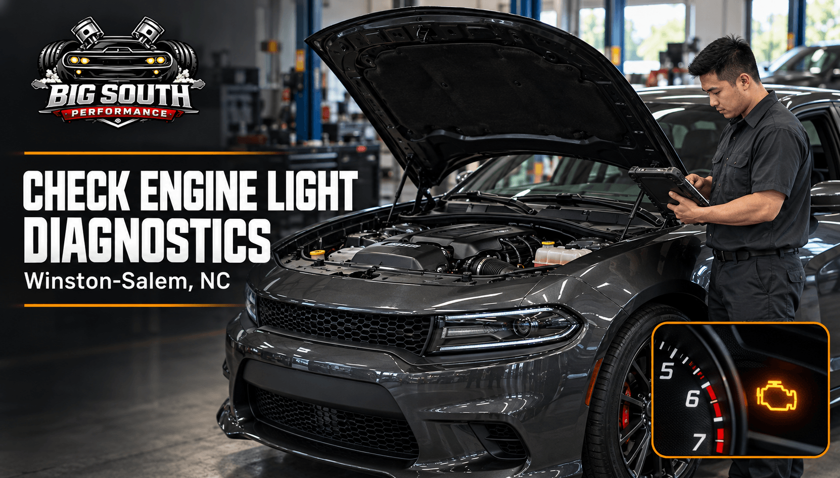 Check engine light diagnostics banner showing a technician using a scan tablet beside a car in a workshop.