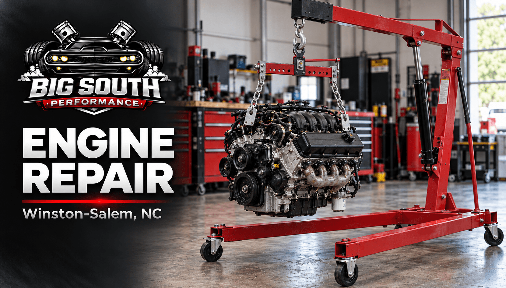Engine repair banner showing an automotive engine suspended by chains from a red workshop hoist beside the Big South Performance logo.