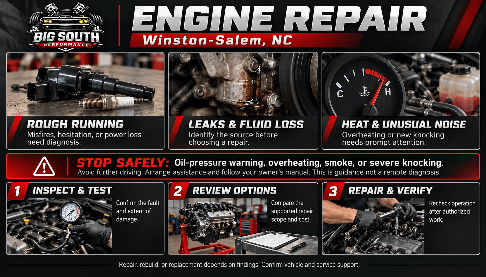 Big South Performance engine repair infographic showing rough running, fluid leaks, overheating, urgent warnings, and three repair-planning steps.