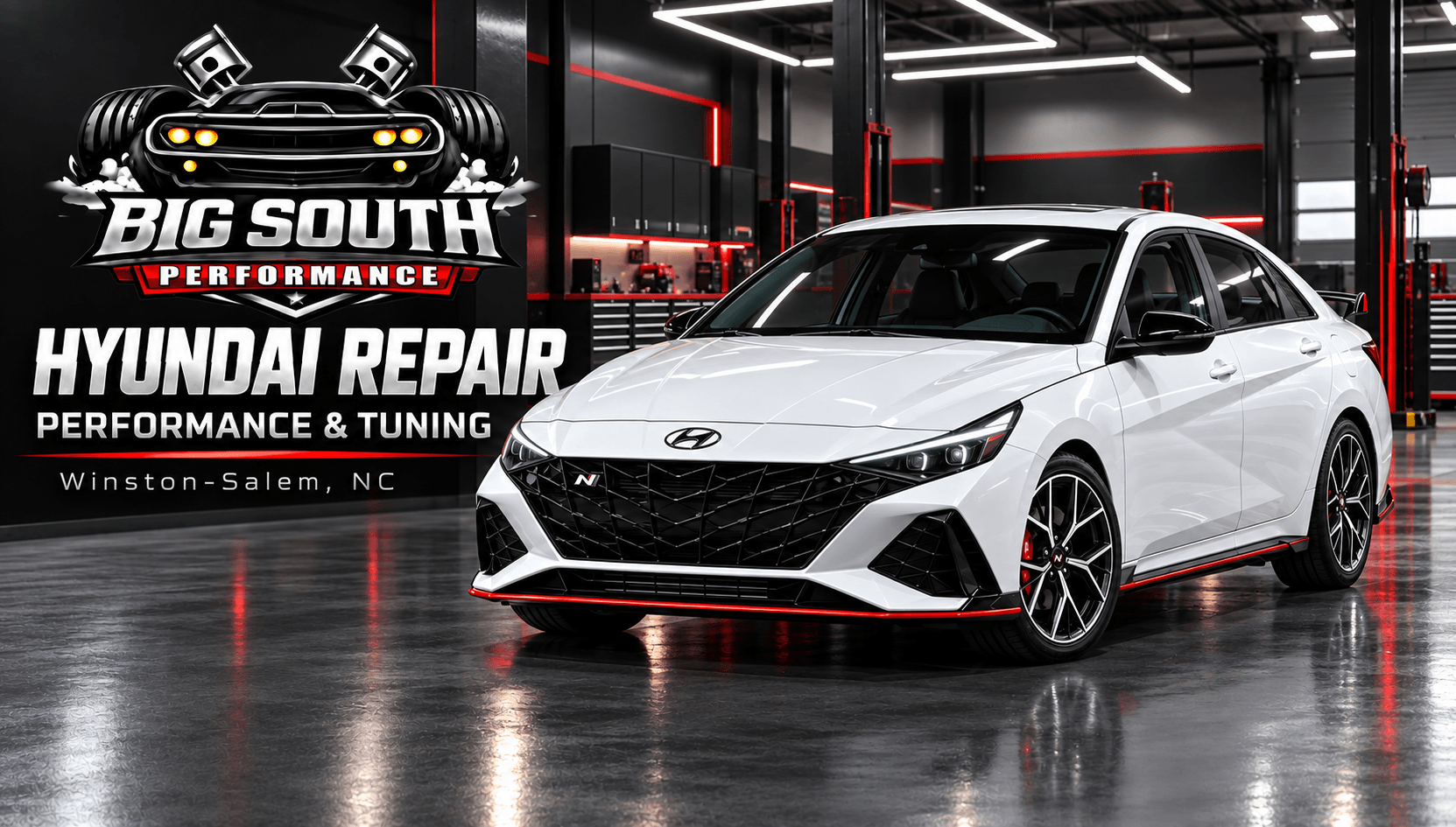 Hyundai repair in Winston-Salem banner featuring an illustrated white Elantra N in a premium garage with Big South Performance branding.
