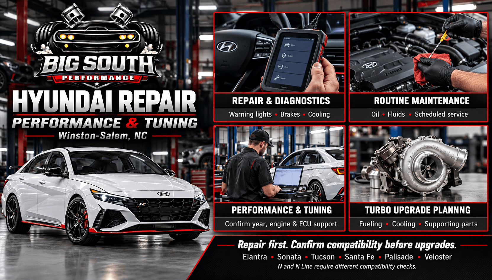 Hyundai repair in Winston-Salem infographic covering diagnostics, maintenance, compatible tuning, and turbo upgrade planning.
