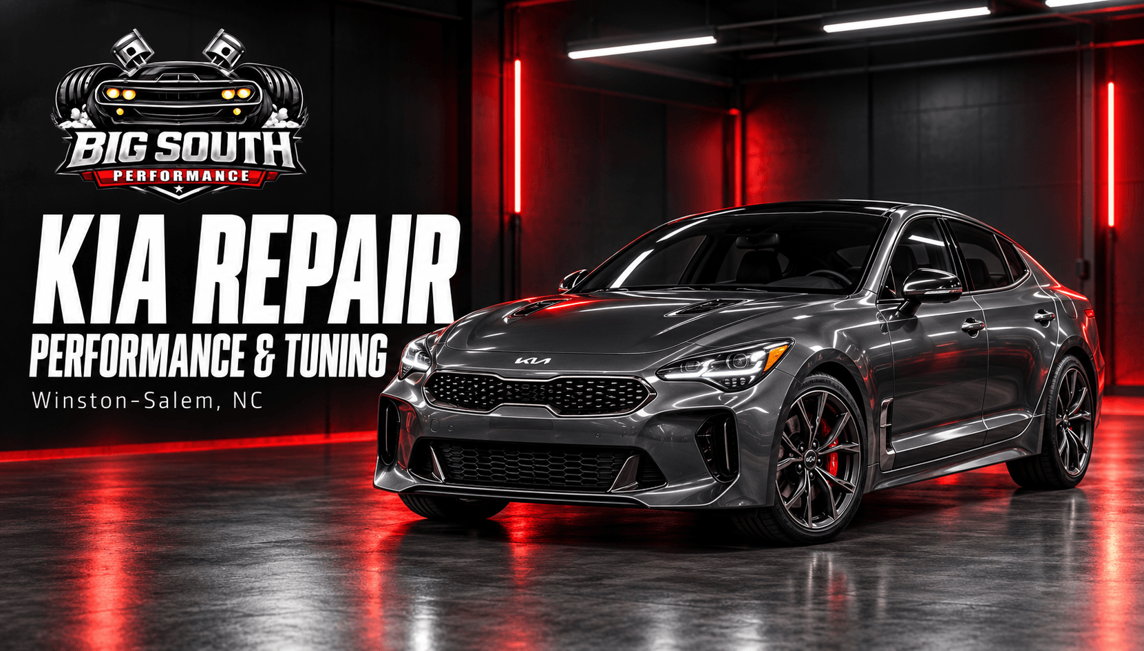 Kia repair in Winston-Salem promotional banner featuring an illustrated gray Stinger and Big South Performance branding.