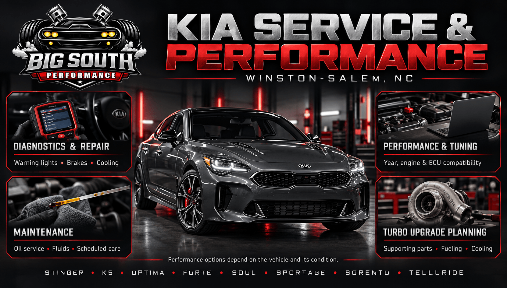 Kia repair in Winston-Salem infographic showing a gray Stinger with diagnostics, maintenance, tuning, and turbo upgrade planning sections.