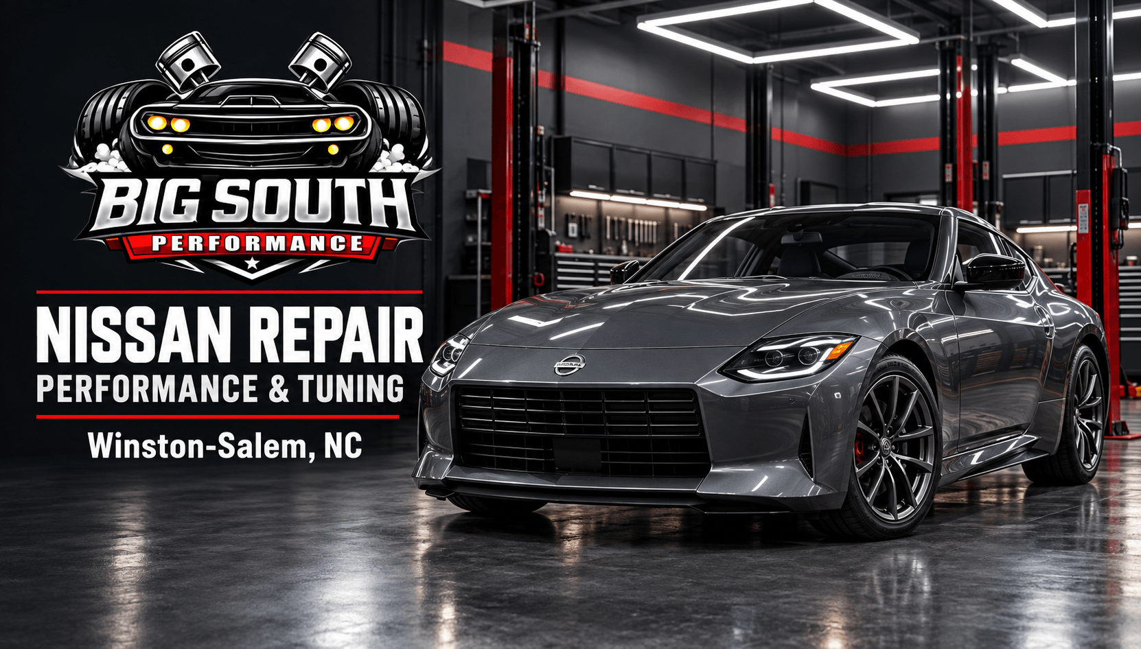 Nissan repair in Winston-Salem banner featuring an illustrated gray Nissan Z in a premium garage with Big South Performance branding.