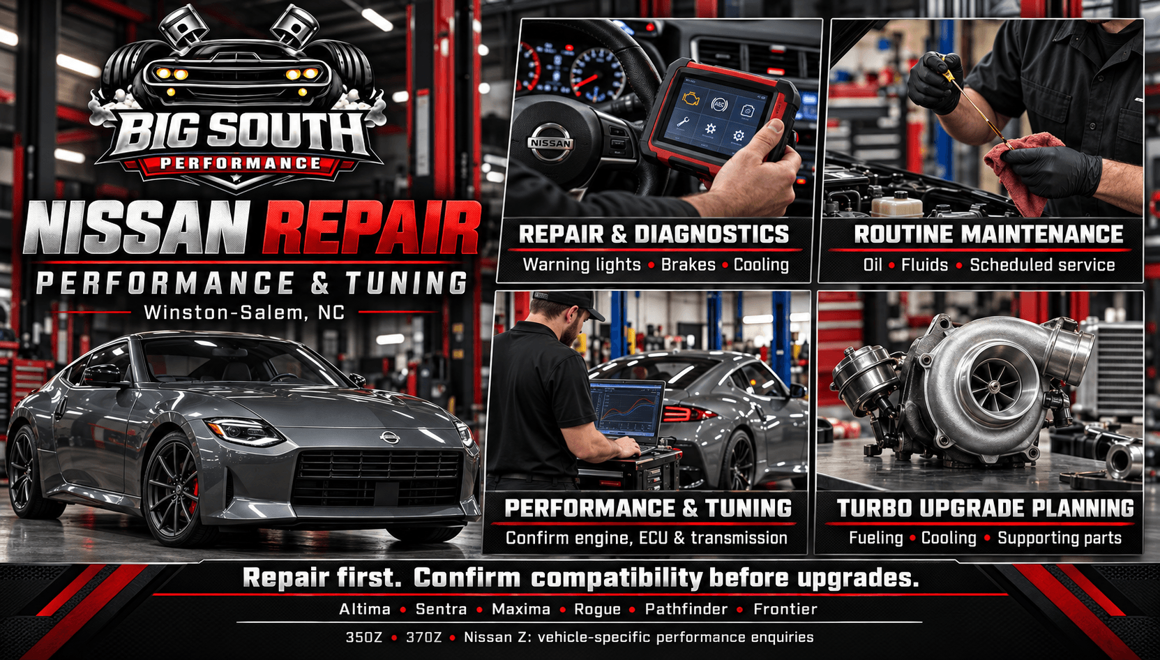 Nissan repair in Winston-Salem infographic covering diagnostics, maintenance, compatible tuning, and turbo upgrade planning.